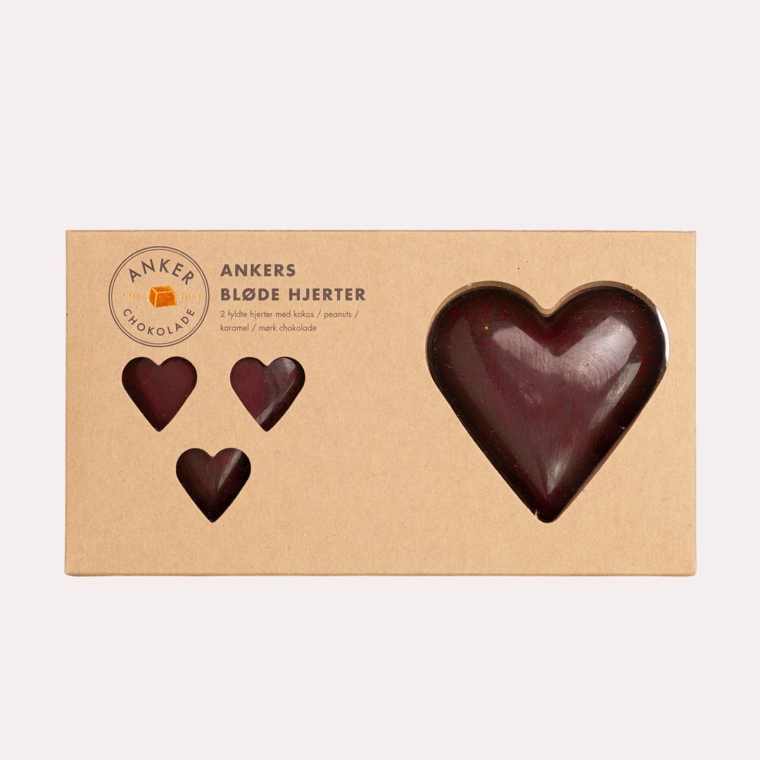 gavekurv, økologiske bløde chokolade hjerter fra ankers chokolade